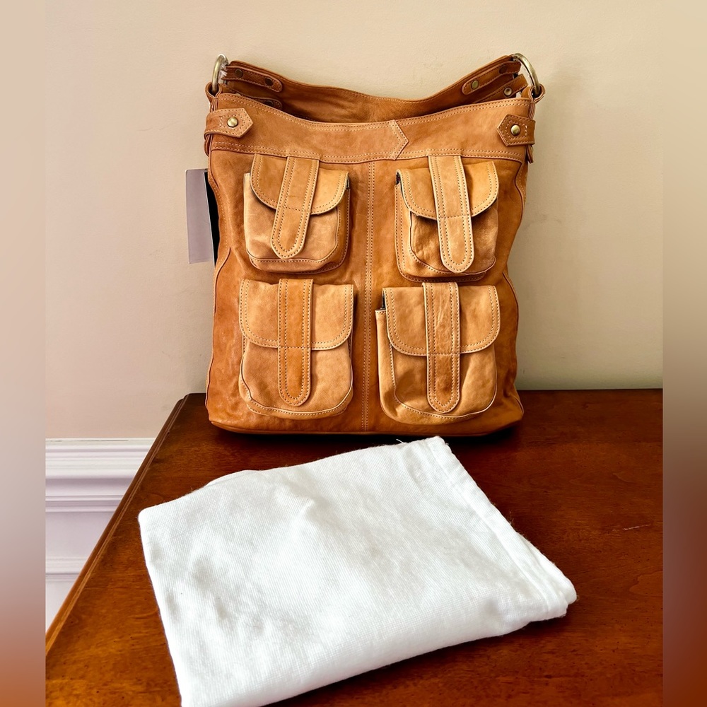 Golden Yellow Leather Large shoulder, Hobo Tote bag, with (4) exterior pockets. - Picture 2 of 14